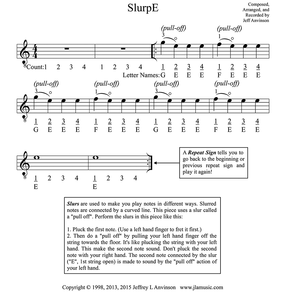 SlurpE, the Notes E, F, and G in First Position on the First String  Copyright 2015 Jeffrey Anvinson  www.jlamusic.com